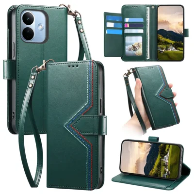 For Xiaomi Redmi Note 17 Pro 5G Case Wallet Stand Multi-color Stitching Leather Phone Cover with Wrist Strap - Green