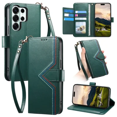 For Samsung Galaxy S24 Ultra Case Wallet Stand Multi-color Stitching Leather Phone Cover with Wrist Strap - Green