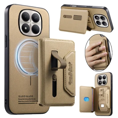 Magnetic Case for Xiaomi Redmi Note 15 5G (Global) / Note 15 4G (Global) / Poco M8 5G , PU Leather + PC + TPU Anti-Scratch Back Cover with Detachable Card Holder - Khaki