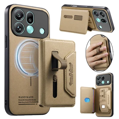 For Oppo Find X9s Pro 5G Magnetic Case PU Leather + PC + TPU Anti-Scratch Back Cover with Detachable Card Holder - Khaki
