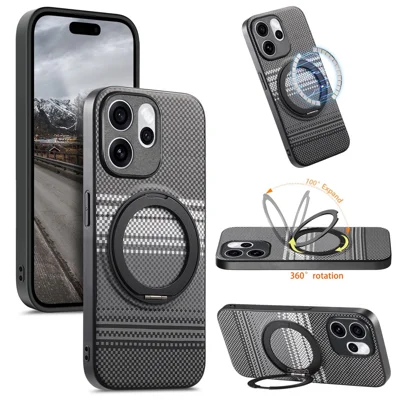 For Oppo Reno15 F 5G Magnetic Case Rotation Kickstand PU Leather + PC + TPU Phone Cover - Black