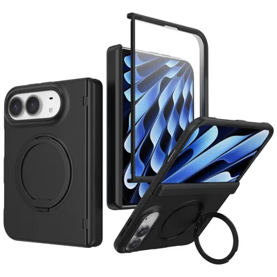 For iPhone Duo Magnetic Case Rotating Kickstand Hinge Protection Skin Touch PC Phone Cover Built-in Screen Protector - Black