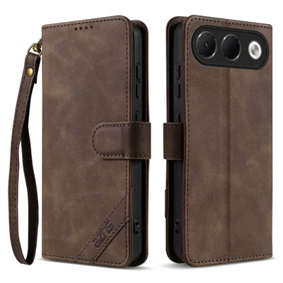 AZNS A2 for Oppo A7 Pro 5G Leather Case with Wrist Strap RFID Blocking Wallet Stand Phone Cover - Brown