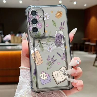 Samsung Galaxy S26+ hoesje met kaartslot Plant Floral patroon Airbag Stootvrij TPU telefoonhoesje - Lichtgrijs B492