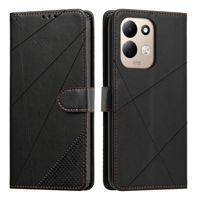 Wallet Case For Xiaomi Redmi 17 5G  /  17 4G Adjustable Stand Magnetic Clasp Imprint Square Leather Flip Phone Cover - Black