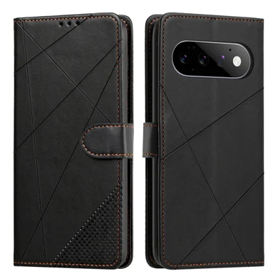 Mappenhülle für Google Pixel 11 Pro / 11 / 10 Pro / 10 / 9 Pro / 9 mit verstellbarem Ständer, magnetischer Verschluss, geprägtes Quadrat Leder Flip-Handyhülle - Schwarz