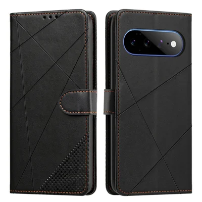 Wallet Case For Google Pixel 11 Pro XL  /  10 Pro XL  /  9 Pro XL Adjustable Stand Magnetic Clasp Imprint Square Leather Flip Phone Cover - Black