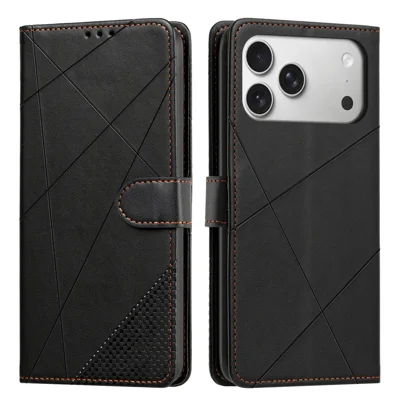 Wallet Case For iPhone 18 Pro Max  /  17 Pro Max Adjustable Stand Magnetic Clasp Imprint Square Leather Flip Phone Cover - Black