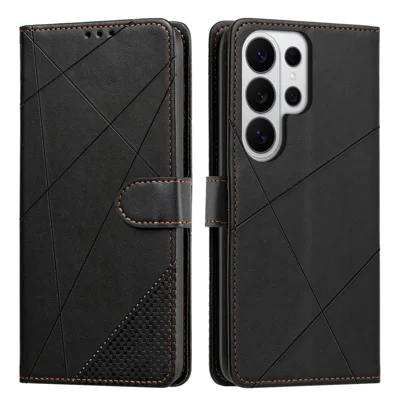 For Samsung Galaxy S24 Ultra Wallet Case Adjustable Stand Magnetic Clasp Imprint Square Leather Flip Phone Cover - Black