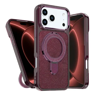 Voor iPhone 18 Pro / 17 Pro Case Glitter Design TPU + PC Standje Telefoonbeschermer - Wijnrood