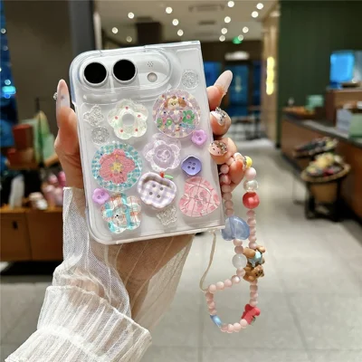 For iPhone Duo Clear Case Epoxy Design Anti Scratch PC Phone Cover with Beaded Wrist Strap - Colorful Buttons