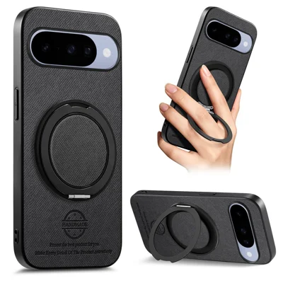 Für Google Pixel 11 / Pixel 11 Pro Hülle Drehbarer Ständer Jeans-Stoffoptik Leder Anti-Fall Handy-Rückenschale - Schwarz