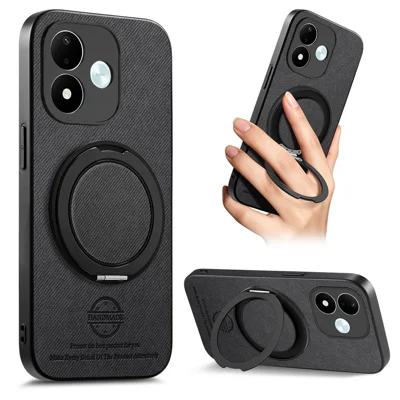 Phone Case for Xiaomi Redmi Note 17 4G (Global) / Note 17 5G (Global) / Note 17 (India / China) 5G , Rotatable Kickstand Jeans Cloth Texture Leather Anti-Fall Back Cover - Black
