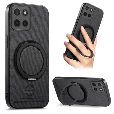 For Motorola Moto G56 5G Case Rotatable Kickstand Jeans Cloth Texture Leather Anti-Fall Phone Back Cover - Black
