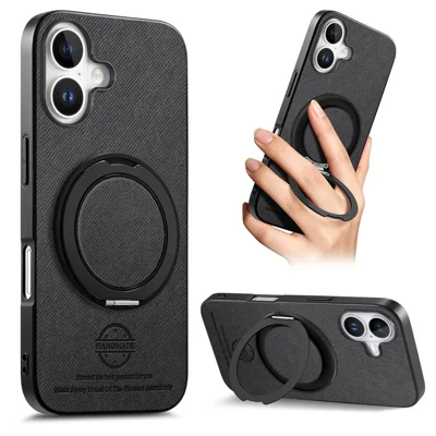 For iPhone 16 Case Rotatable Kickstand Jeans Cloth Texture Leather Anti-Fall Phone Back Cover - Black