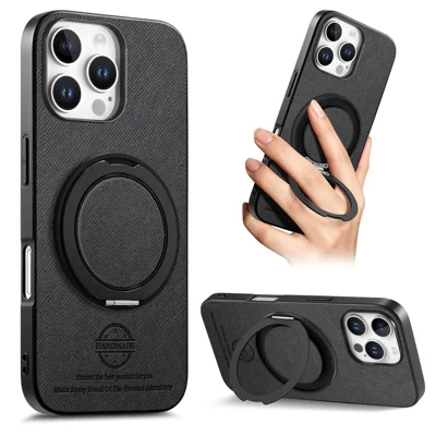 For iPhone 16 Pro Case Rotatable Kickstand Jeans Cloth Texture Leather Anti-Fall Phone Back Cover - Black