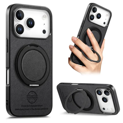 Til iPhone 18 Pro Max / 17 Pro Max Taske med roterbar stander, jeansstoftekstur, lænderskind, anti-slip telefon bagdæksel - Sort