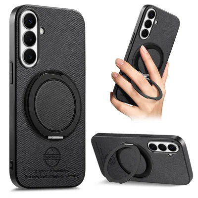 For Samsung Galaxy A55 5G Case Rotatable Kickstand Jeans Cloth Texture Leather Anti-Fall Phone Back Cover - Black
