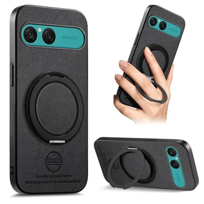 For Sony Xperia 10 VII Case Rotatable Kickstand Jeans Cloth Texture Leather Anti-Fall Phone Back Cover - Black