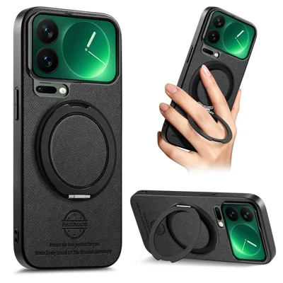 For Xiaomi 17 Pro Case Rotatable Kickstand Jeans Cloth Texture Leather Anti-Fall Phone Back Cover - Black
