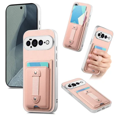 Für Google Pixel 11 Pro Hülle PU Leder PC TPU Stoßfester Handy-Backcover mit Kartenhalter und Handgelenkband - Rosa