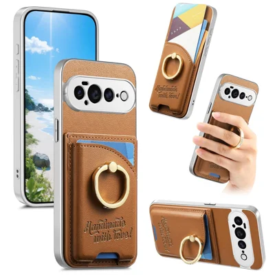 Für Google Pixel 11 Pro Hülle mit Strass-Dekor Ringständer Kartenhalter aus PU-Leder PC TPU Stoßfester Handy-Backcover - Braun