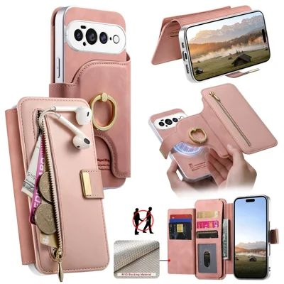 For Google Pixel 11 Pro Case RFID Blocking Detachable Magnetic Leather Phone Cover with Ring Holder - Pink