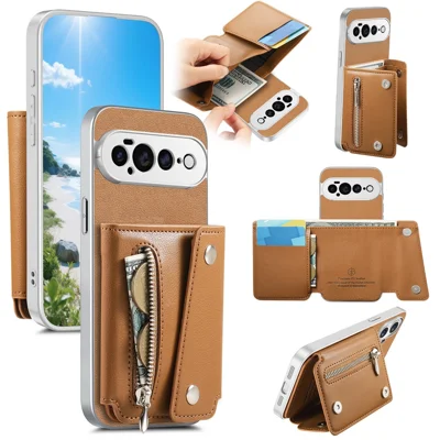 For Google Pixel 11 Pro Case Wallet Kickstand PU Leather Coated PC + TPU Shock Protection Phone Cover - Brown