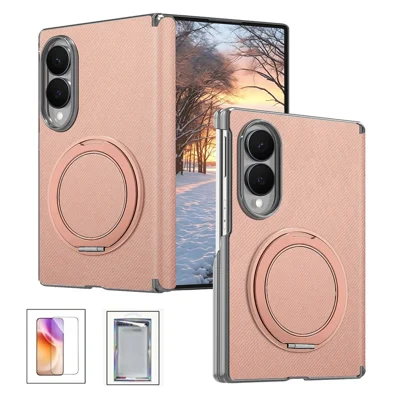 For Samsung Galaxy Z Fold8 Case Kickstand Dual Axis Fabric Texture Phone Cover with Tempered Glass Screen Protector - Pink