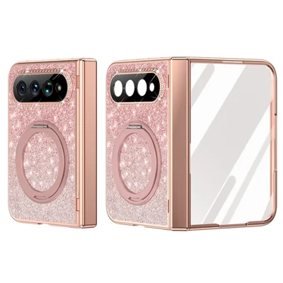 For Xiaomi 18 Fold Magnetic Case Rotating Kickstand Glitter PU Leather + PC Phone Cover with Screen Protector - Pink