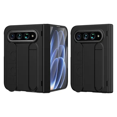 For Xiaomi 18 Fold Kickstand Case Hard PC Phone Cover with Silicone Wristband and Tempered Glass Film - Black