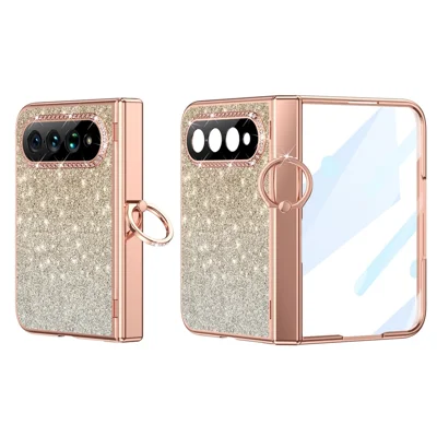 For Xiaomi 18 Fold Case Ring Holder Kickstand Glitter Design Hard PC Anti Drop Phone Cover with Screen Protector - Gold