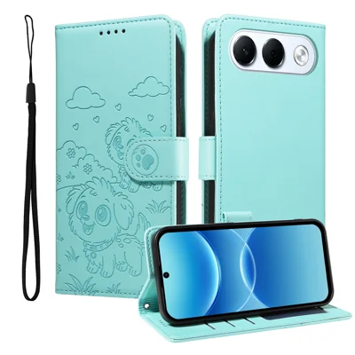  For Oppo A7 Pro 5G Case RFID Blocking Imprinted Dog Pattern PU Leather Phone Cover with Wrist Strap - Green
