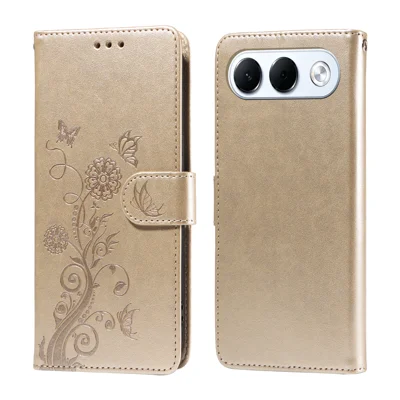  For Oppo A7 Pro 5G Leather Case Butterfly Floral Imprint Wallet Stand Cover - Golden