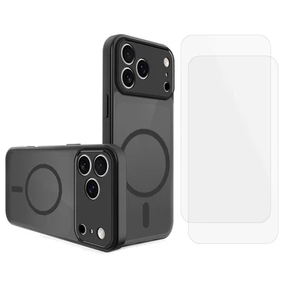 Voor iPhone 18 Pro Max / 17 Pro Max Magnetische Hoes PC + TPU Matte Telefoonhoes + 2 stuks High Aluminum Glass Screen Protector - Zwart