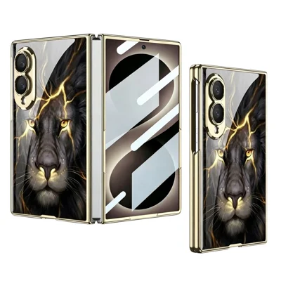 GKK For Samsung Galaxy Z Fold8 Case Electroplated Pattern Print Tempered Glass + PC Phone Cover with Tempered Glass Screen Film - Lion