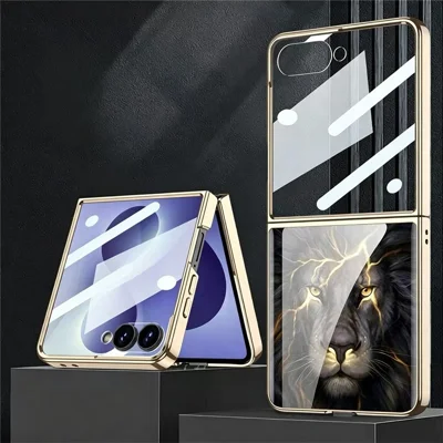 GKK For Samsung Galaxy Z Flip8 Case Electroplated Pattern Print Tempered Glass + PC Phone Cover with Tempered Glass Screen Film - Lion