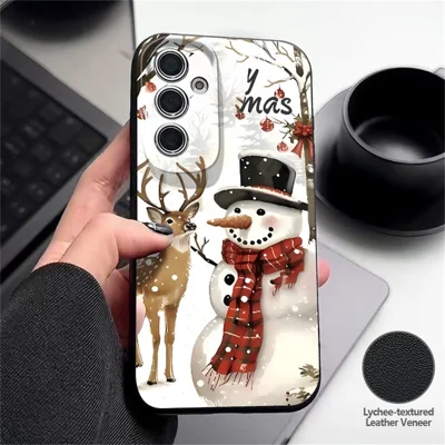Samsung Galaxy S26-hoesje met kerstpatroon, precieze uitgesneden leren + TPU telefoonhoes - Zwart