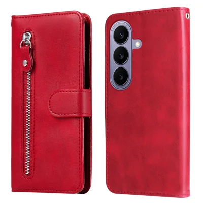  For Samsung Galaxy S27 PU Leather Cases with Zipper Pocket Wallet Phone Cover Stand - Red
