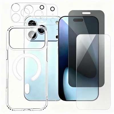  For iPhone 17 Pro Max Magnetic Case Clear Phone Cover with 2Pcs Camera Protectors + 1Pc Clear Screen Protector + 1Pc Anti-spy Screen Protector - Transparent