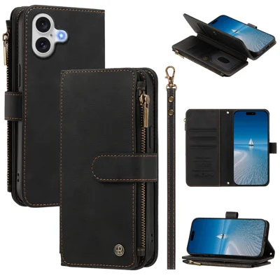  For iPhone 17 Leather Case 9 Card Slots Zipper Wallet Stand Phone Cover with Wrist Strap - Black
