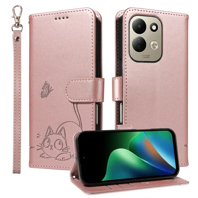 Für Xiaomi Redmi 17 5G / Xiaomi Redmi 17 4G Hülle Katzenmuster Prägung Ledertelefonhülle mit Handschlaufe - Roségold