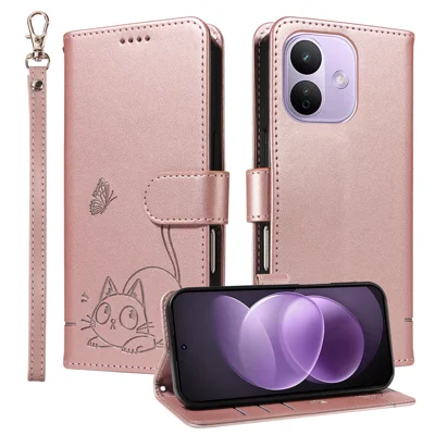  For Xiaomi Redmi Note 17 Pro 5G Case Cat Pattern Imprint Leather Phone Cover with Wrist Strap - Rose Gold