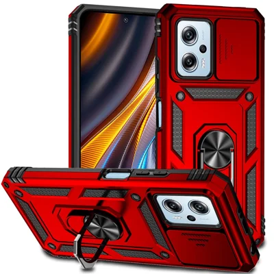 For Xiaomi Redmi Note 11T Pro 5G / Note 11T Pro+ 5G / Note 12T Pro 5G / Poco X4 GT 5G / Redmi K50i 5G Phone Back Case Slide Camera Protector PC + TPU Phone Cover with Metal Ring Kickstand - Red