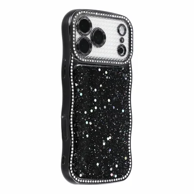 For iPhone 18 Pro Max  /  17 Pro Max TPU Case Epoxy Glitter Wavy Rhinestone Frame Electroplated Phone Back Cover - Black