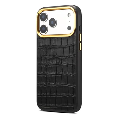 DENIOR A31 for iPhone 18 Pro / 17 Pro Magnetic Case Crocodile Texture Genuine Cow Leather Back Cover with Gold Camera Frame - Black