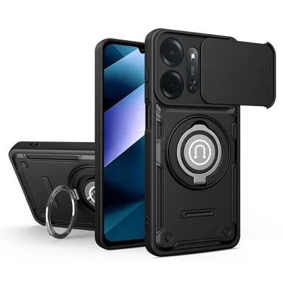For Xiaomi Redmi 17C 5G Case with Slide Camera Cover Ring Kickstand PC + TPU Phone Shell - Black