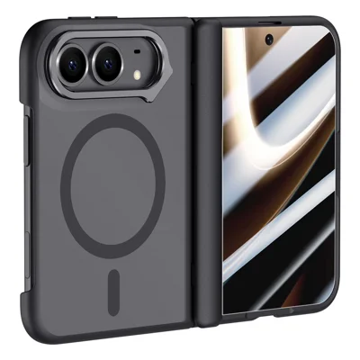For iPhone Duo Magnetic Case with HD Tempered Glass Film Camera Frame Kickstand PC + TPU Shockproof Phone Cover - Black
