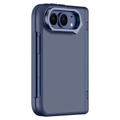 Voor iPhone Duo Case Camera Lens Frame Kickstand PC + TPU Anti Vingerafdruk Telefoonhoes - Blauw