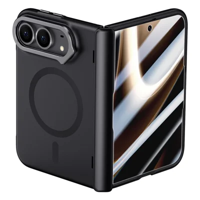 Für iPhone Duo Magnetisch Hülle Hart-PC-Handyhülle mit HD-Displayschutzfolie, Objektiv-Ständer - Schwarz